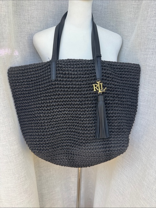 Lauren Ralph Lauren Handbags - Lauren Ralph Lauren black Crochet straw Whitney tote "RL" monogram tassel charm